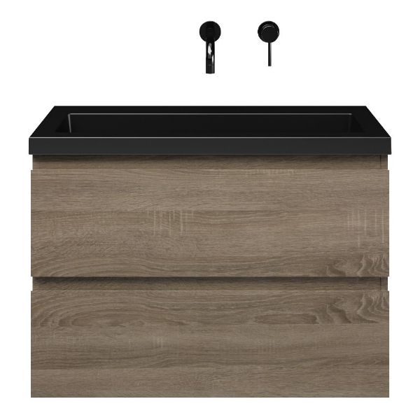 Renesse badmeubel 80 cm donker eiken met polystone Cadzand wastafel zwart mat, zonder kraangat