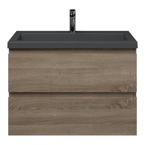 Renesse badmeubel 80 cm donker eiken met polystone Cadzand wastafel grijs mat, zonder overloop