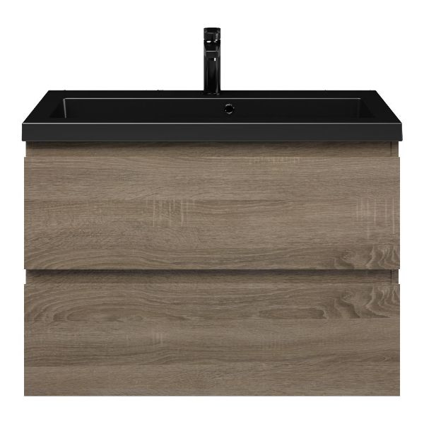 Renesse badmeubel 80 cm donker eiken met polystone Cadzand wastafel zwart mat, 1 kraangat