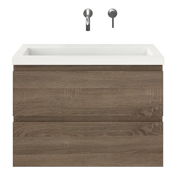 Renesse badmeubel 80 cm donker eiken met polystone Cadzand wastafel wit glans, zonder kraangat