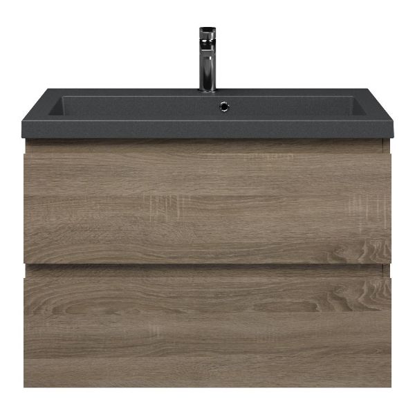 Renesse badmeubel 80 cm donker eiken met polystone Cadzand wastafel grijs mat, met overloop