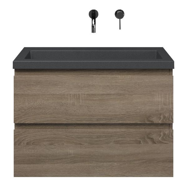 Renesse badmeubel 80 cm donker eiken met quartz Cadzand wastafel grijs mat