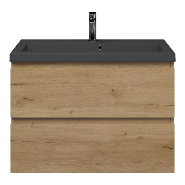 Renesse badmeubel 80 cm eiken natuur met polystone Cadzand wastafel grijs mat, met overloop