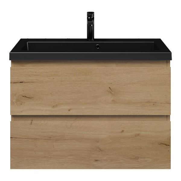 Renesse badmeubel 80 cm eiken natuur met polystone Cadzand wastafel zwart mat, 1 kraangat