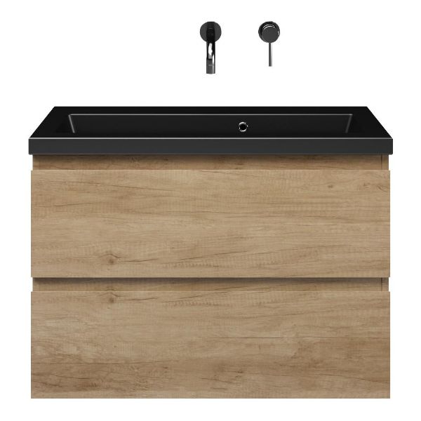 Renesse badmeubel 80 cm olm met keramische Dishoek wastafel zwart mat, zonder kraangat