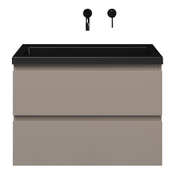 Renesse badmeubel 80 cm taupe met polystone Cadzand wastafel zwart mat, zonder kraangat