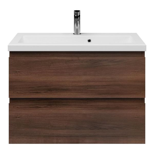 Renesse badmeubel 80 cm walnoot met keramische Dishoek wastafel wit mat, 1 kraangat