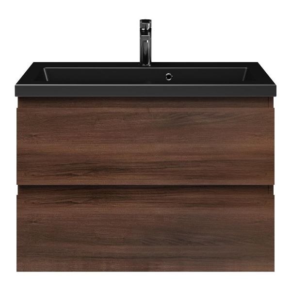 Renesse badmeubel 80 cm walnoot met keramische Dishoek wastafel zwart mat, 1 kraangat