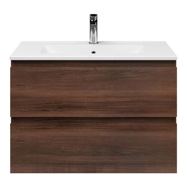Renesse badmeubel 80 cm walnoot met keramische Huisduinen wastafel wit glans