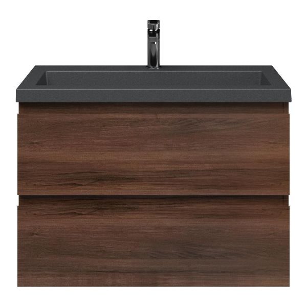 Renesse badmeubel 80 cm walnoot met polystone Cadzand wastafel grijs mat, zonder overloop