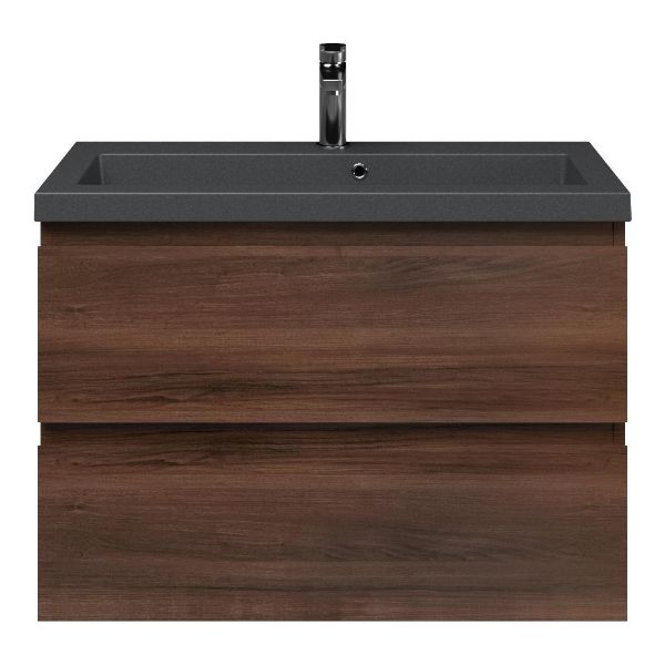 Renesse badmeubel 80 cm walnoot met polystone Cadzand wastafel grijs mat, met overloop