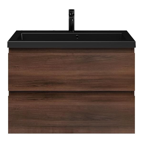 Renesse badmeubel 80 cm walnoot met polystone Cadzand wastafel zwart mat, 1 kraangat