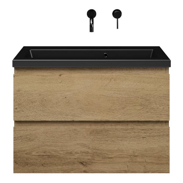 Renesse badmeubel 80 cm warm eiken met keramische Dishoek wastafel zwart mat