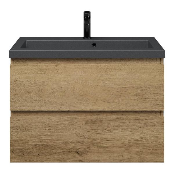 Renesse badmeubel 80 cm warm eiken met polystone Cadzand wastafel grijs mat, met overloop
