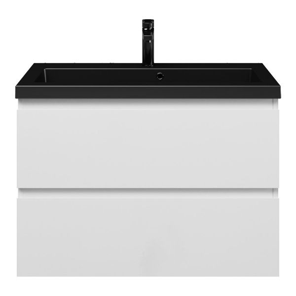 Renesse badmeubel 80 cm wit hoogglans met polystone Cadzand wastafel zwart mat, 1 kraangat