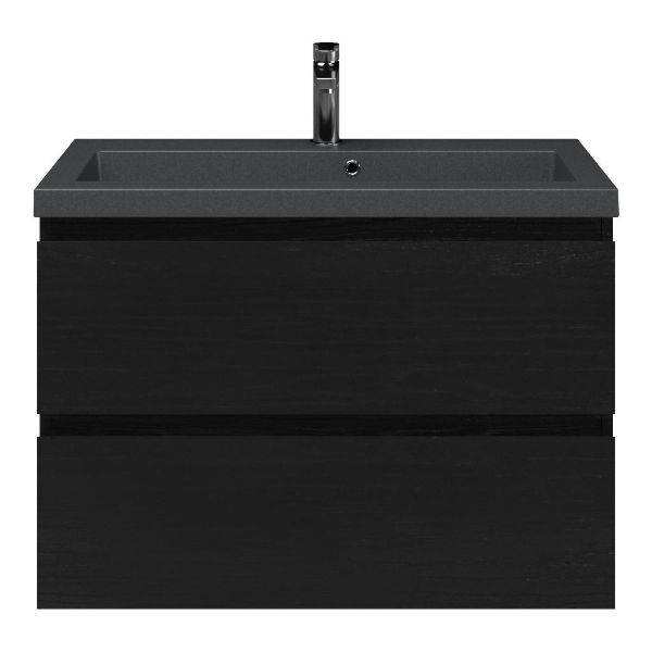 Renesse badmeubel 80 cm zwart eiken met polystone Cadzand wastafel grijs mat, met overloop
