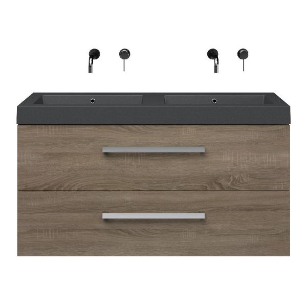 Schoorl-g badmeubel 120 cm eiken donker met quartz Cadzand-Q wastafel grijs mat, zonder kraangat