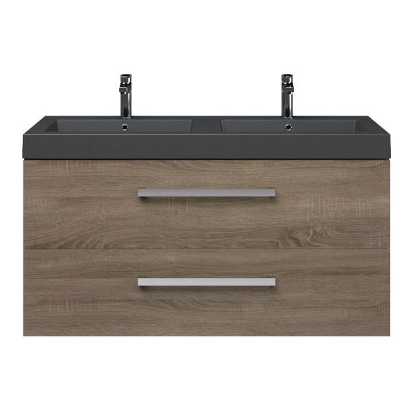 Schoorl-g badmeubel 120 cm eiken donker met quartz Cadzand-Q wastafel grijs mat, 2 kraangaten