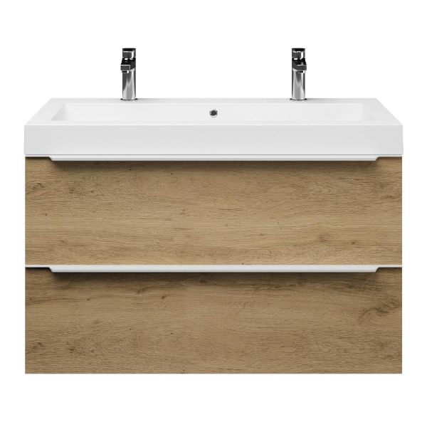 Texel Breskens/Cadzand badmeubel 100x46 2 softclose laden warm eiken met greep naar keuze polystone wastafel wit met 2 kraangaten