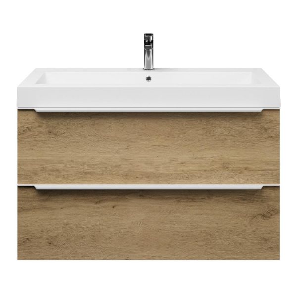 Texel Breskens/Cadzand badmeubel 100x46 2 softclose laden warm eiken met greep naar keuze polystone wastafel wit met 1 kraangat