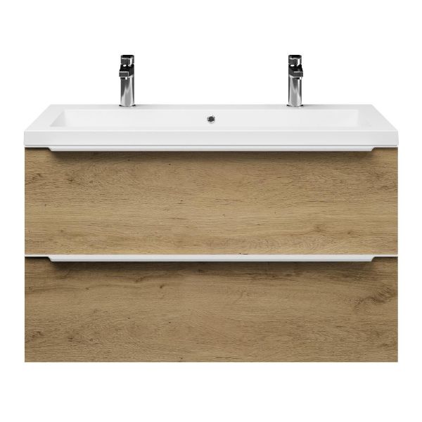 Texel Breskens/Cadzand badmeubel 100x46 2 softclose laden warm eiken met greep naar keuze polystone wastafel wit met 2 kraangaten