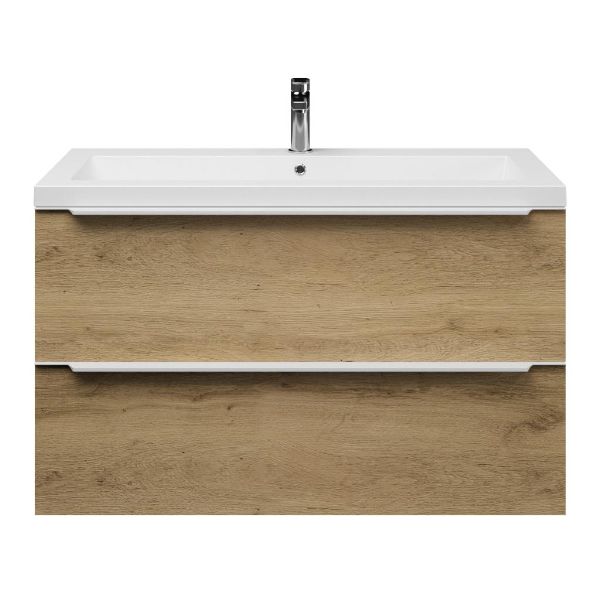 Texel Breskens/Cadzand badmeubel 100x46 2 softclose laden warm eiken met greep naar keuze polystone wastafel mat wit met 1 kraangat