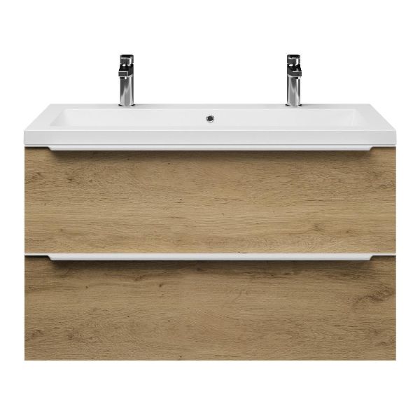 Texel Breskens/Cadzand badmeubel 100x46 2 softclose laden warm eiken met greep naar keuze wastafel polystone mat wit met 2 kraangaten