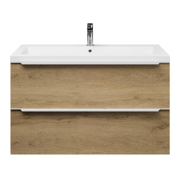 Texel Breskens/Cadzand badmeubel 100x46 2 softclose laden warm eiken met greep naar keuze polystone wastafel wit met 1 kraangat