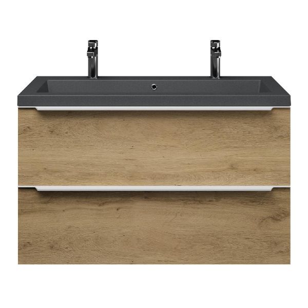 Texel Breskens/Cadzand-Q badmeubel 100x46 2 softclose laden warm eiken met greep naar keuze quartz wastafel mat grijs met 2 kraangaten