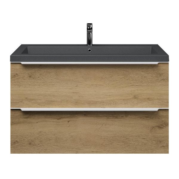 Texel Breskens/Cadzand-Q badmeubel 100x46 2 softclose laden warm eiken met greep naar keuze quartz wastafel mat grijs met 1 kraangat