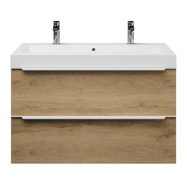 Texel Breskens/Cadzand-Q badmeubel 100x46 2 softclose laden warm eiken met greep naar keuze quartz wastafel mat wit met 2 kraangaten