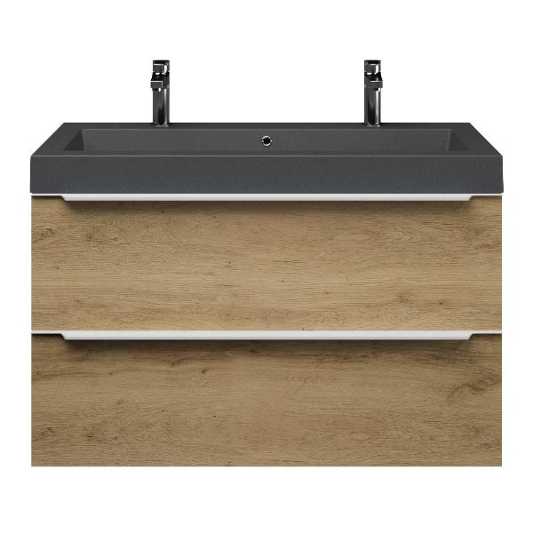 Texel Breskens/Cadzand-Q badmeubel 100x46 2 softclose laden warm eiken met greep naar keuze quartz wastafel mat grijs met 2 kraangaten