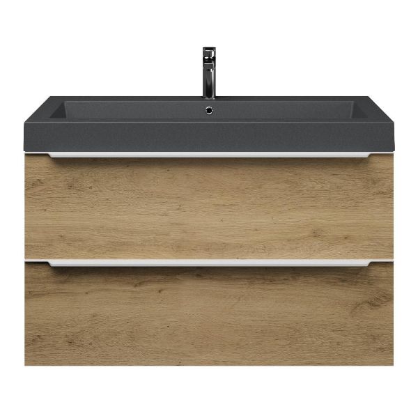 Texel Breskens/Cadzand-Q badmeubel 100x46 2 softclose laden warm eiken met greep naar keuze quartz wastafel mat grijs met 1 kraangat