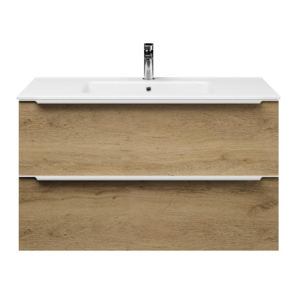 Texel Breskens /Callantsoog badmeubel 100x46 2 softclose laden warm eiken met greep naar keuze keramische wastafel wit met 1 kraangat
