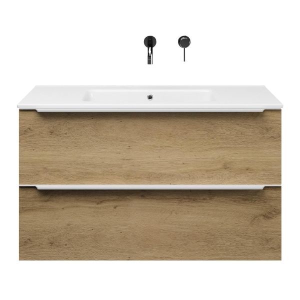 Texel Breskens/Callantsoog badmeubel 100x46 2 softclose laden warm eiken met greep naar keuze keramische wastafel wit zonder kraangaten