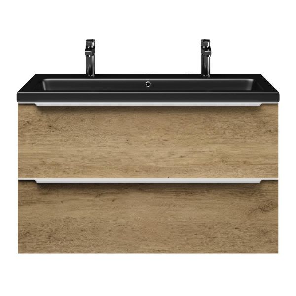Texel Breskens/Dishoek badmeubel 100x46 2 softclose laden warm eiken met greep naar keuze keramische wastafel zwart mat met 2 kraangaten