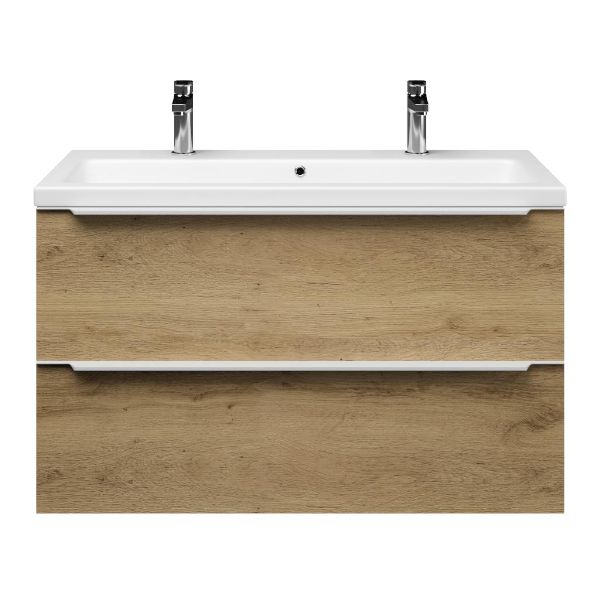 Texel Breskens/Dishoek badmeubel 100x46 2 softclose laden warm eiken met greep naar keuze keramische wastafel wit mat met 2 kraangaten