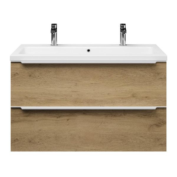 Texel Breskens/Dishoek badmeubel 100x46 2 softclose laden warm eiken met greep naar keuze keramische wastafel wit glans met 2 kraangaten