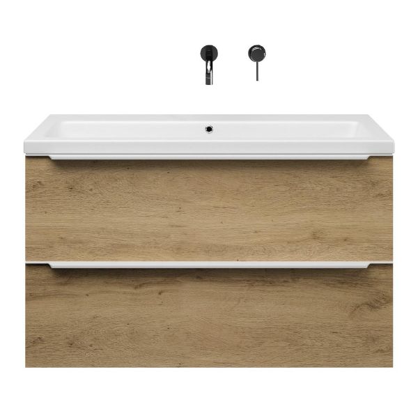Texel Breskens/Dishoek badmeubel 100x46 2 softclose laden warm eiken met greep naar keuze keramische wastafel wit mat zonder kraangaten