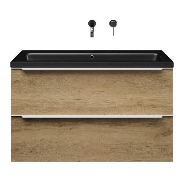 Texel Breskens/Dishoek badmeubel 100x46 2 softclose laden warm eiken met greep naar keuze keramische wastafel zwart mat zonder kraangaten
