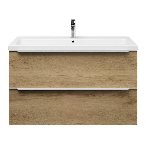 Texel Breskens/Dishoek badmeubel 100x46 2 softclose laden warm eiken met greep naar keuze keramische wastafel wit glans met 1 kraangat