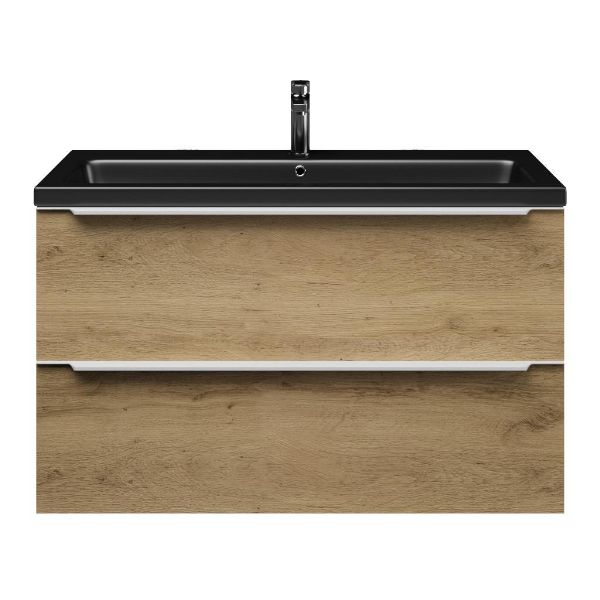 Texel Breskens/Dishoek badmeubel 100x46 2 softclose laden warm eiken met greep naar keuze keramische wastafel zwart mat met 1 kraangat