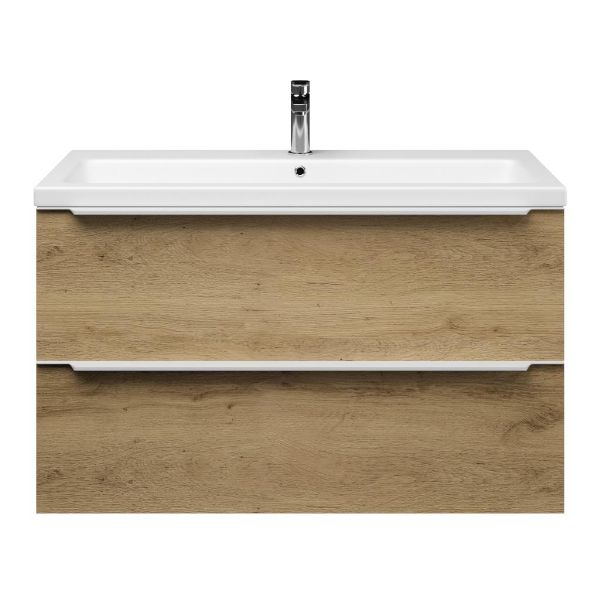 Texel Breskens/Dishoek badmeubel 100x46 2 softclose laden warm eiken met greep naar keuze keramische wastafel wit mat met 1 kraangat
