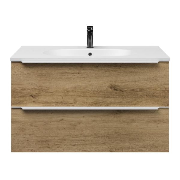 Texel Breskens/Ellemeet badmeubel 100x46 2 softclose laden warm eiken met greep naar keuze keramische wastafel mat wit met 1 kraangat
