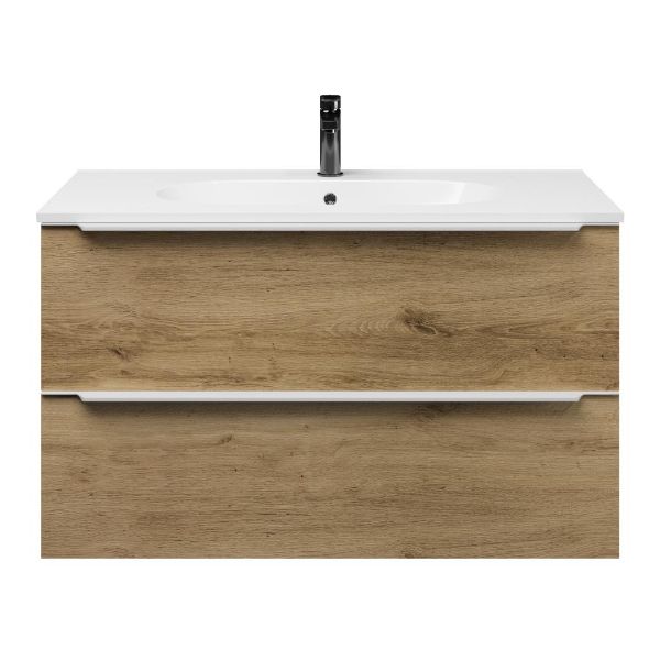 Texel Breskens/Ellemeet badmeubel 100x46 2 softclose laden warm eiken met greep naar keuze keramische wastafel wit met 1 kraangat