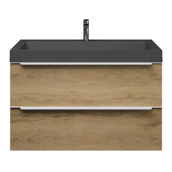 Texel Breskens/Haamstede badmeubel 100x46 2 softclose laden warm eiken met greep naar keuze polystone wastafel mat grijs met 1 kraangat