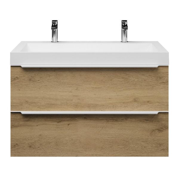 Texel Breskens/Haamstede badmeubel 100x46 2 softclose laden warm eiken met greep naar keuze polystone wastafel mat wit met 2 kraangaten
