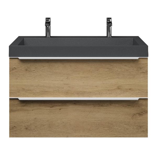 Texel Breskens/Haamstede badmeubel 100x46 2 softclose laden warm eiken met greep naar keuze polystone wastafel mat grijs met 2 kraangaten