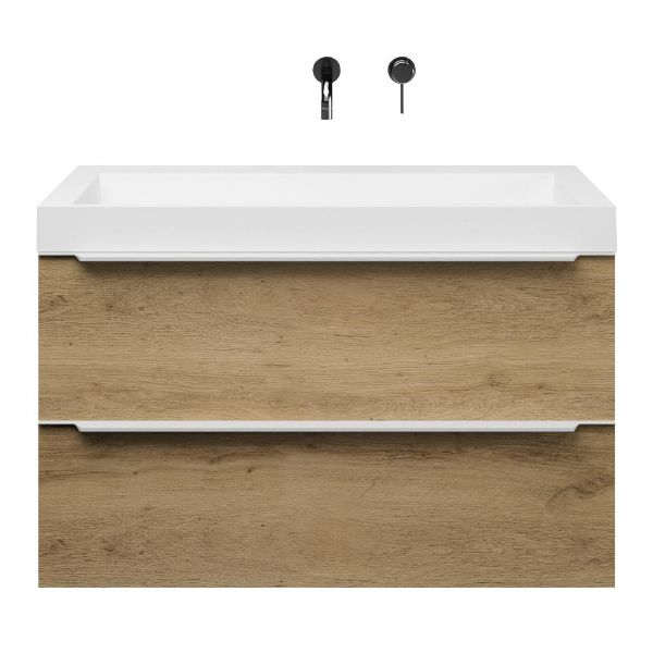 Texel Breskens/Haamstede badmeubel 100x46 2 softclose laden warm eiken met greep naar keuze polystone wastafel wit zonder kraangaten