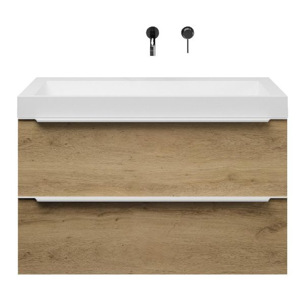 Texel Breskens/Haamstede badmeubel 100x46 2 softclose laden warm eiken met greep naar keuze polystone wastafel mat wit zonder kraangaten